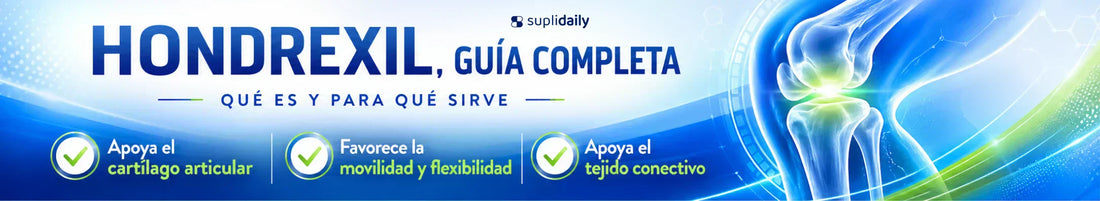 Hondrexil guía completa: qué es y para qué sirve. Banner informativo sobre salud articular que destaca apoyo al cartílago articular, movilidad, flexibilidad y tejido conectivo, con ilustración de una rodilla.