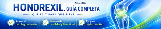 Hondrexil guía completa: qué es y para qué sirve. Banner informativo sobre salud articular que destaca apoyo al cartílago articular, movilidad, flexibilidad y tejido conectivo, con ilustración de una rodilla.