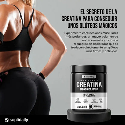 Creatina monohidratada alta pureza Suplidaily 60 servicios para tonificar glúteos
