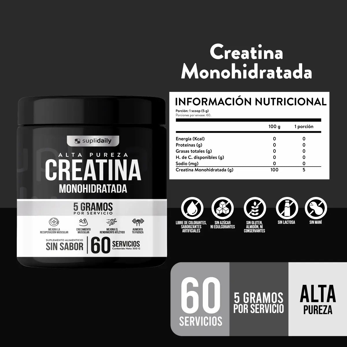 Creatina monohidratada pura sin aditivos, colorantes, azúcar, gluten, lactosa ni maní