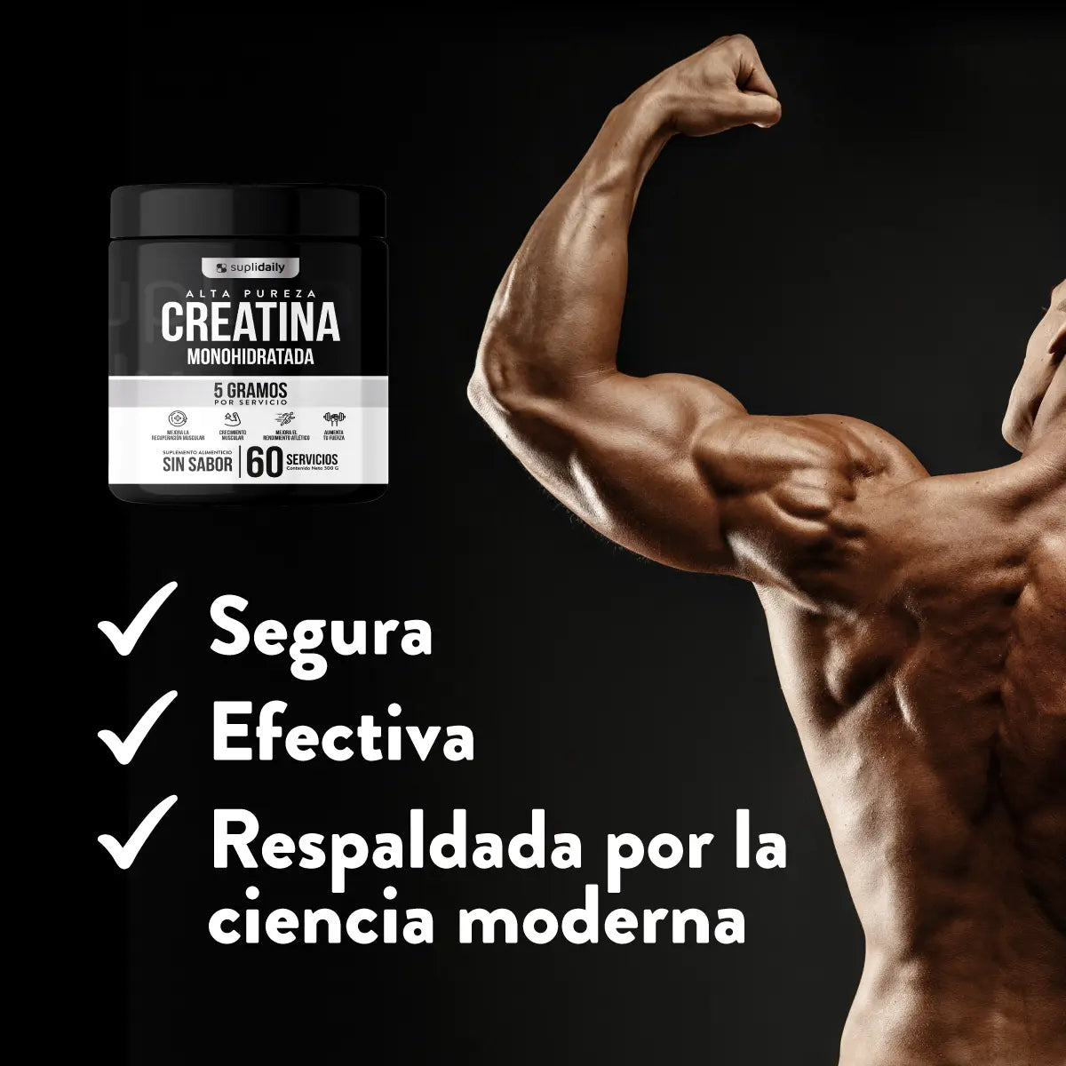 Creatina monohidratada segura y respaldada por la ciencia para ganar masa muscular