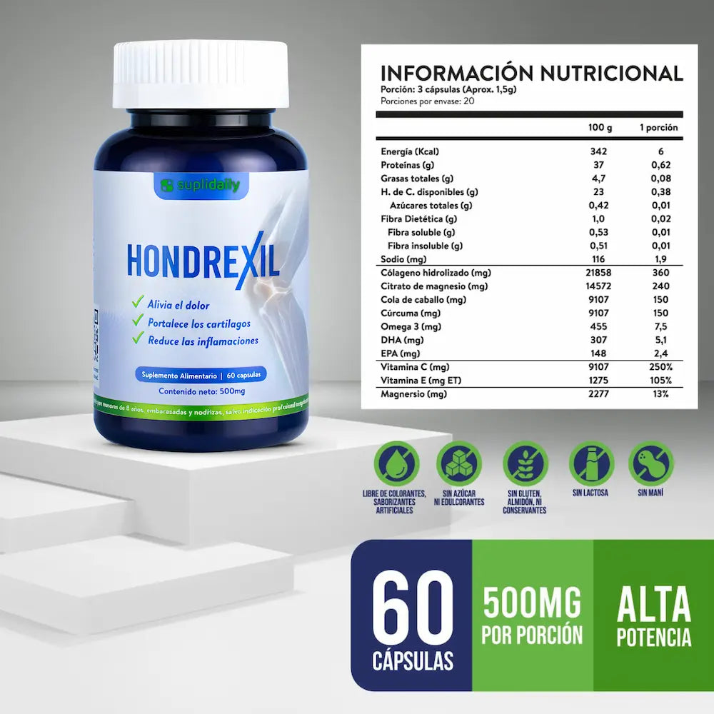 Hondrexil información nutricional - con colágeno hidrolizado, cúrcuma y magnesio