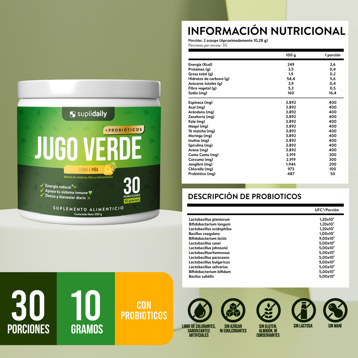 Jugo Verde + 14 Probióticos Sabor Piña 300g