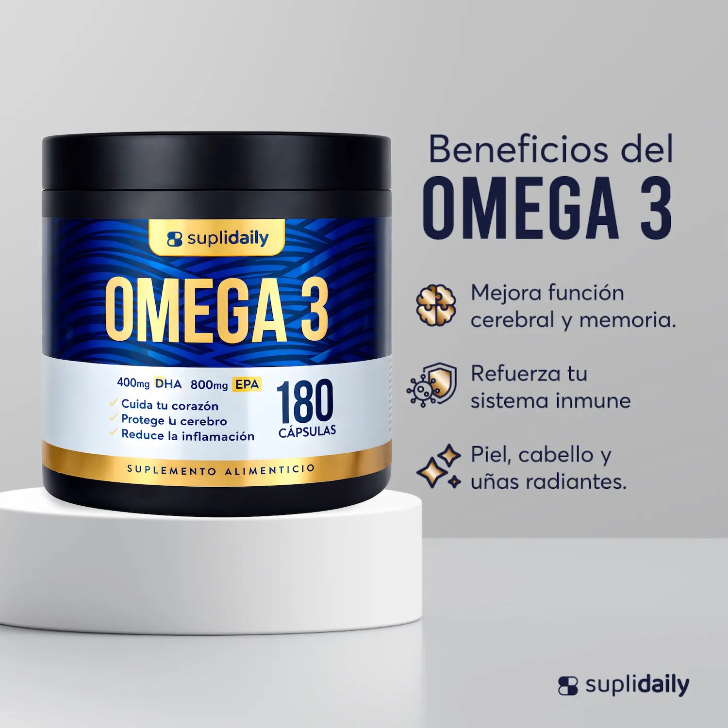 Omega 3 Suplidaily 180 cápsulas - beneficios función cognitiva, sistema inmune y belleza