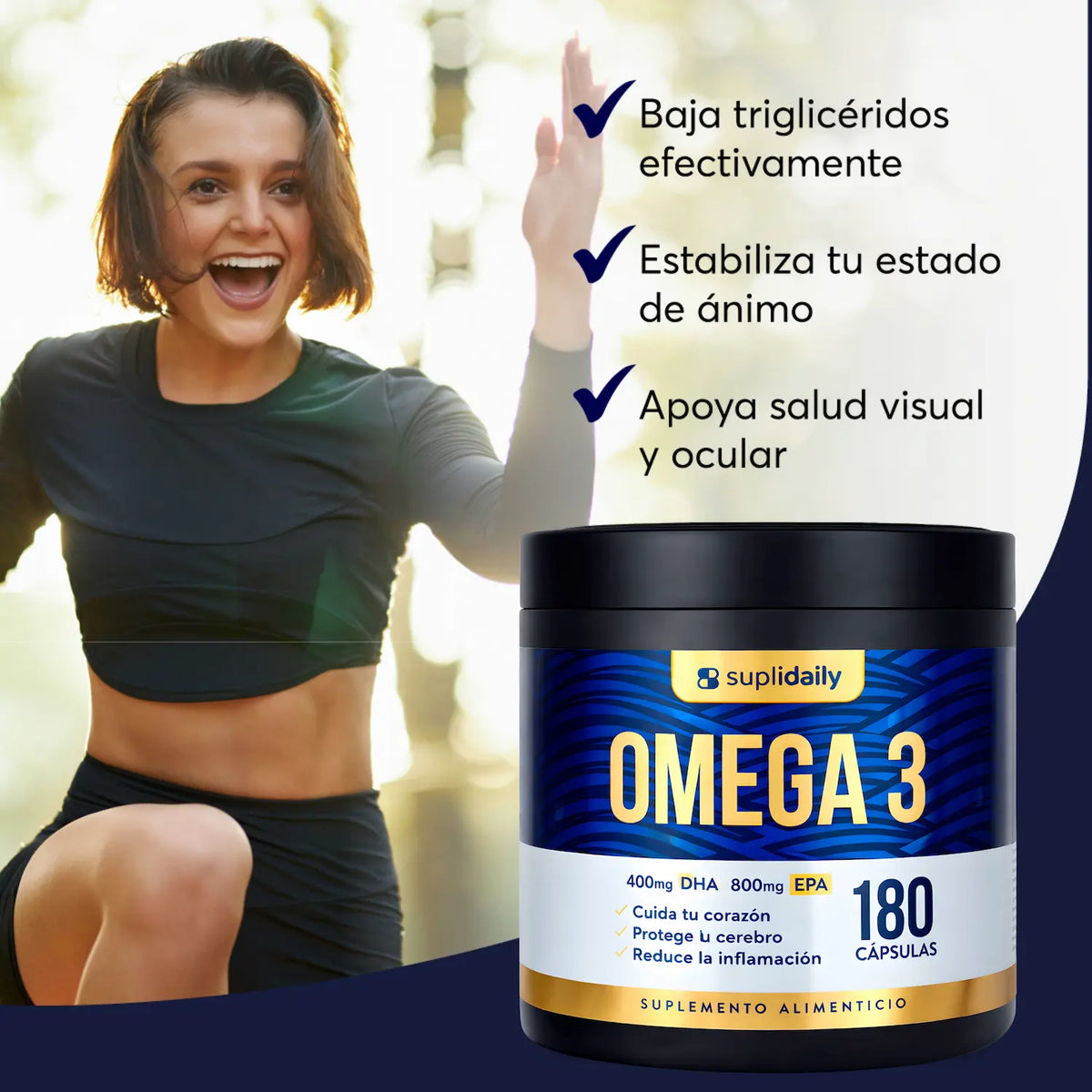 Mujer fitness con Omega 3 Suplidaily - suplemento EPA DHA 180 cápsulas energía y vitalidad