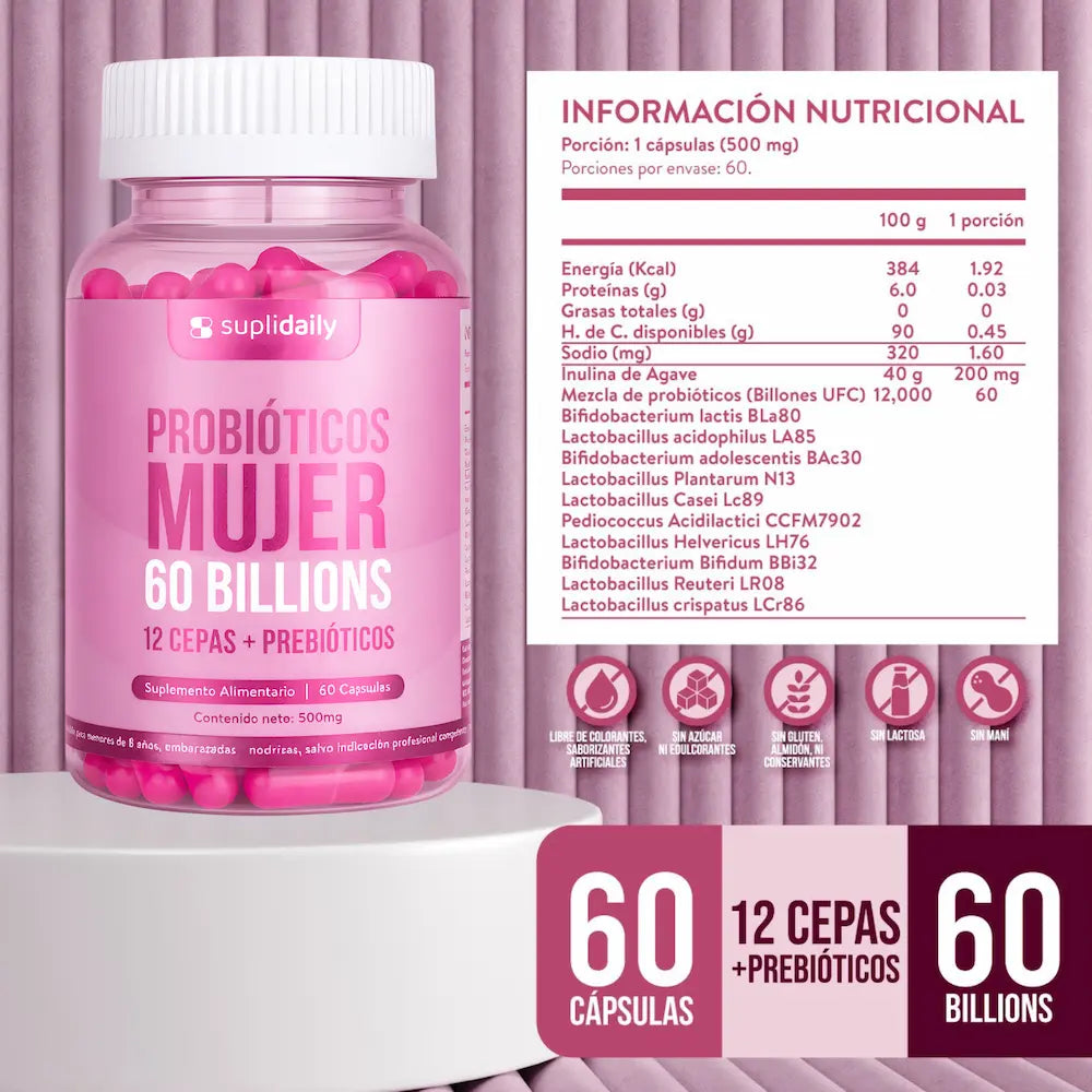 Probióticos Mujer Suplidaily información nutricional - 12 cepas con Lactobacillus crispatus y Bifidobacterium