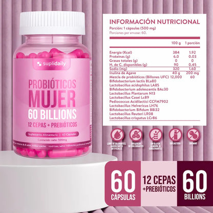 Probióticos Mujer Suplidaily información nutricional - 12 cepas con Lactobacillus crispatus y Bifidobacterium