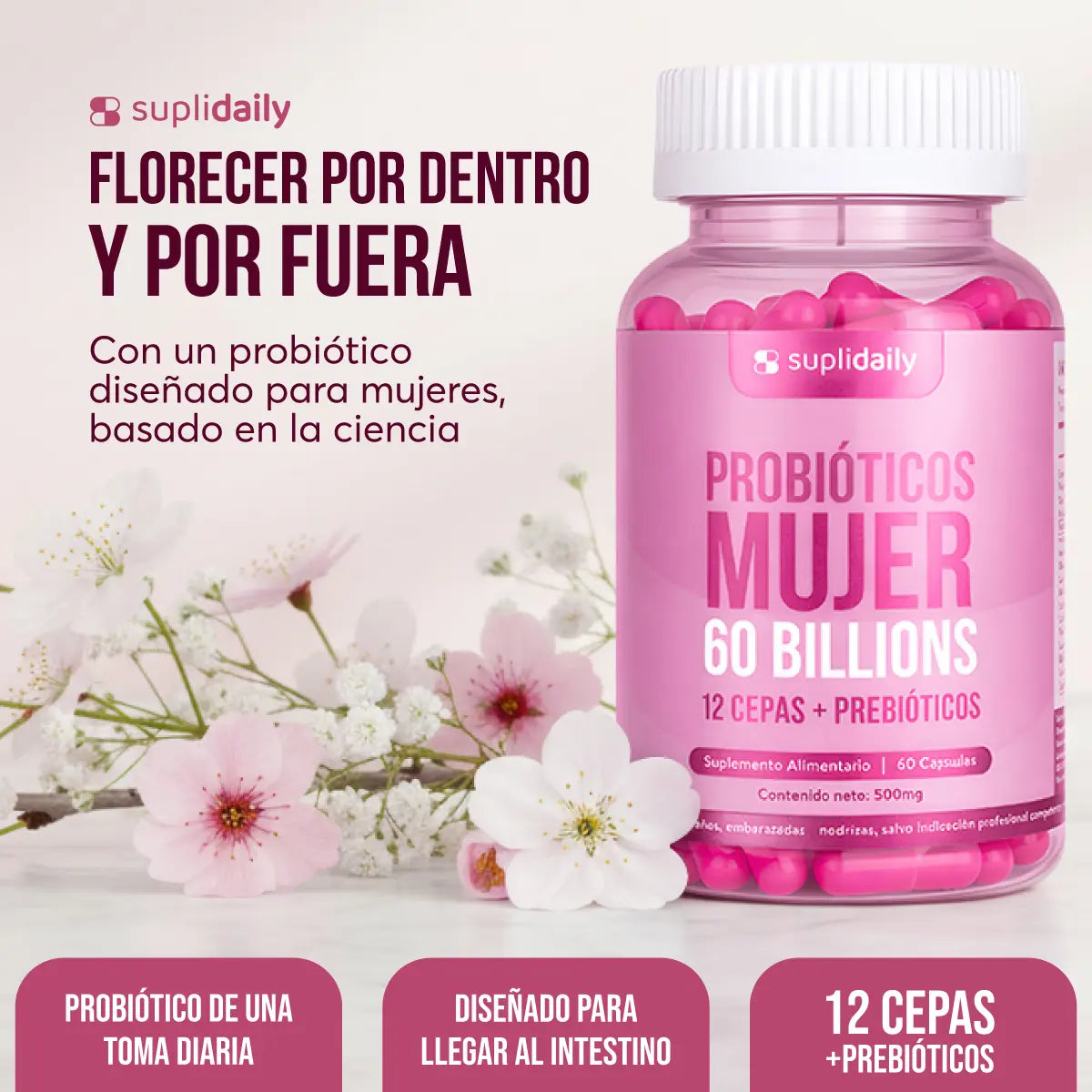 Probióticos Mujer Suplidaily de una toma diaria - 12 cepas diseñadas para llegar al intestino
